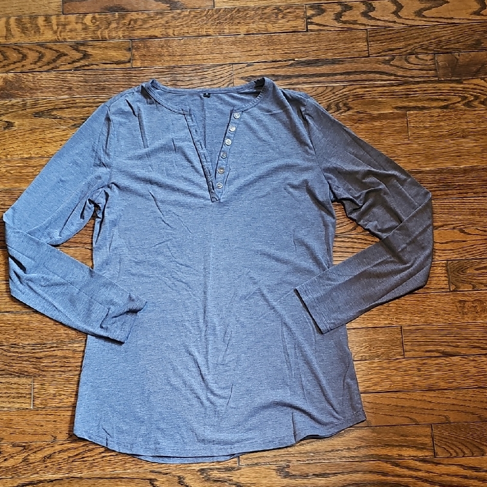 Blue Long Sleeve Fitted Blouse with Cuffed Sleeves